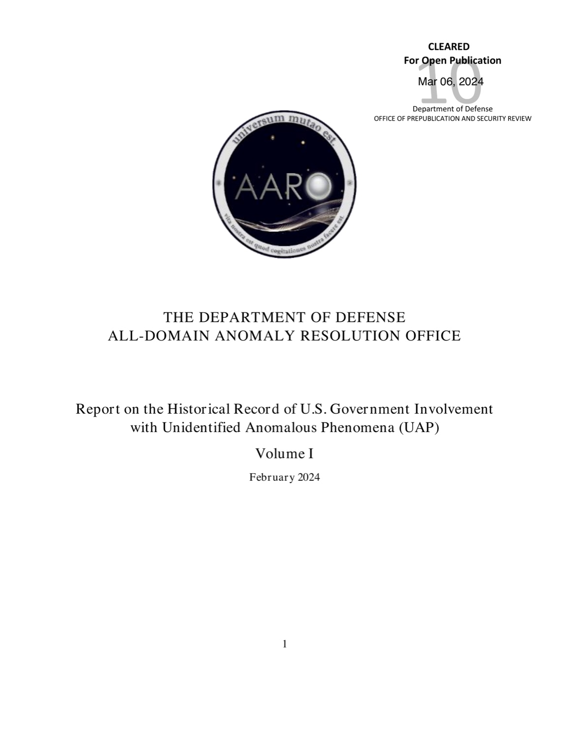 Title page of the Department of Defense All-domain Anomaly Resolution Office report on the historical record of U.S. Government involvement with UAP, Volume I.
