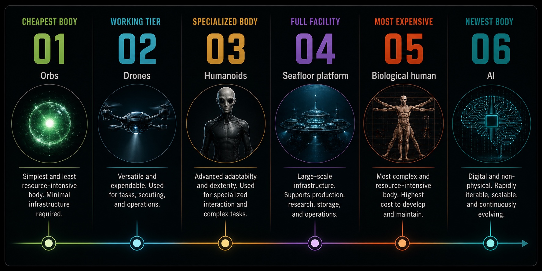 Editorial infographic of the six body-substrate tiers in cost-of-deployment order: 01 Orbs (cheapest body, simplest, minimal infrastructure), 02 Drones (working tier, versatile and expendable, used for tasks and scouting), 03 Humanoids (specialized body, advanced adaptability and dexterity), 04 Seafloor platform (full facility, large-scale infrastructure for production and research), 05 Biological human (most expensive, highest cost to develop and maintain), 06 AI (newest body, digital and non-physical, rapidly iterable and scalable). A horizontal rail at the foot connects all six as a single cost progression.