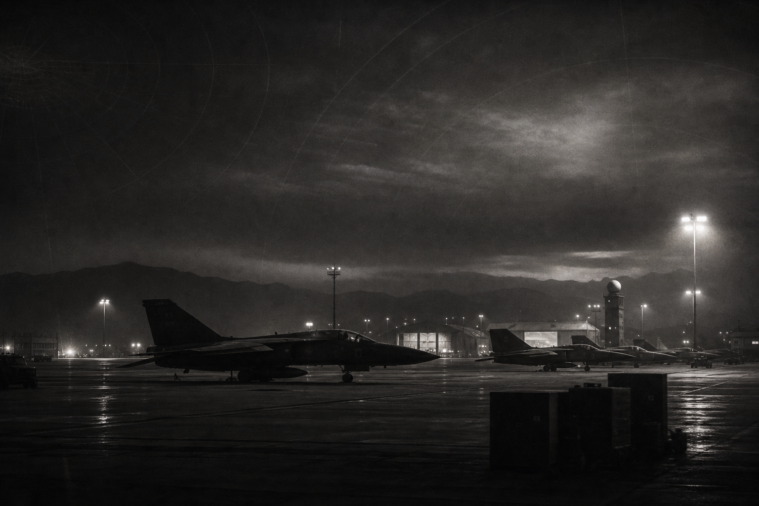 Editorial visualization of Cannon Air Force Base at night with F-111 silhouettes under floodlights on a desert airfield.