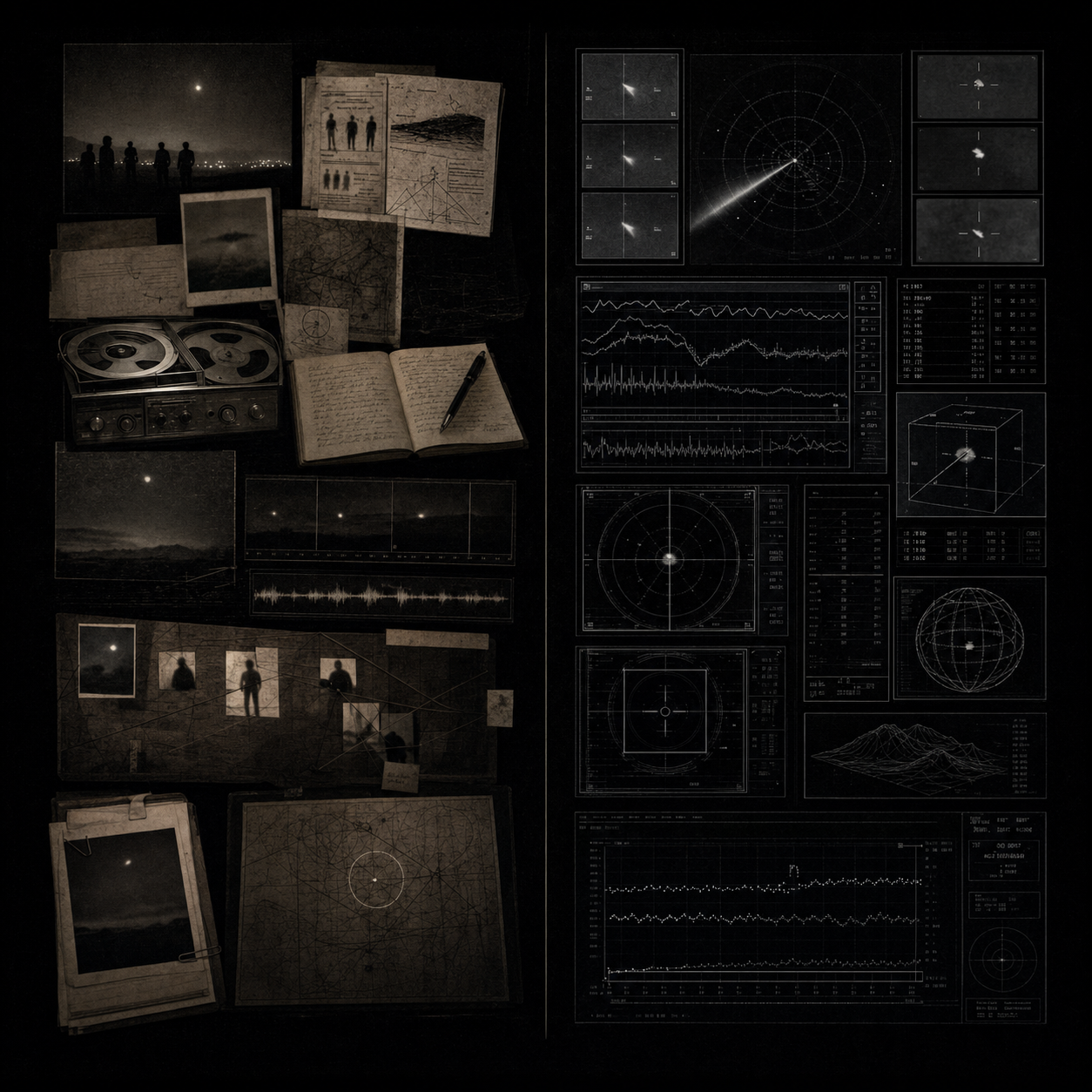 Archive-style editorial composite comparing witness-centered contact material with instrument-centered measurement records.