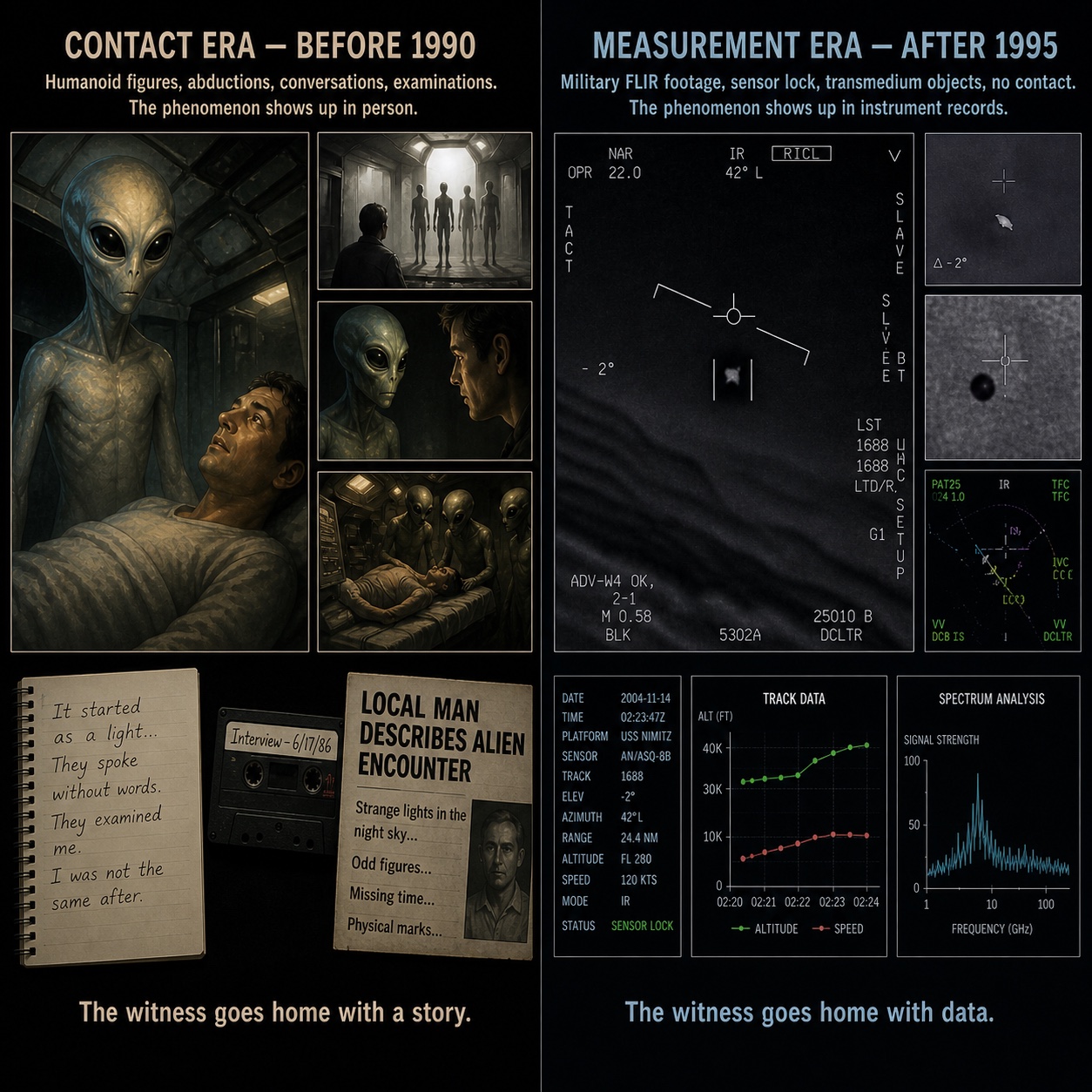 Side-by-side editorial composite comparing contact-era witness material with measurement-era sensor records.