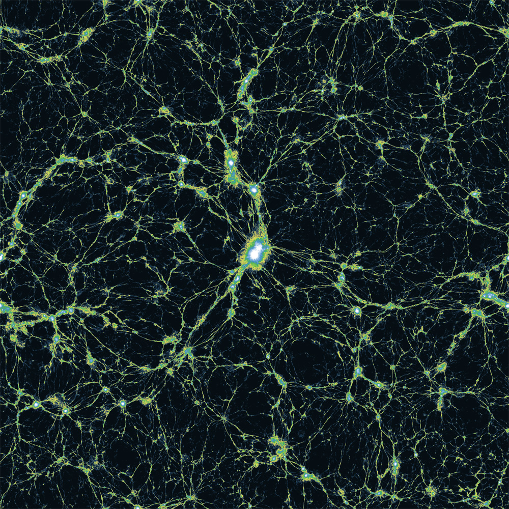 IllustrisTNG simulation of the cosmic web: luminous green-cyan gas filaments threading between galaxy halos on a deep-black background, spanning hundreds of megaparsecs