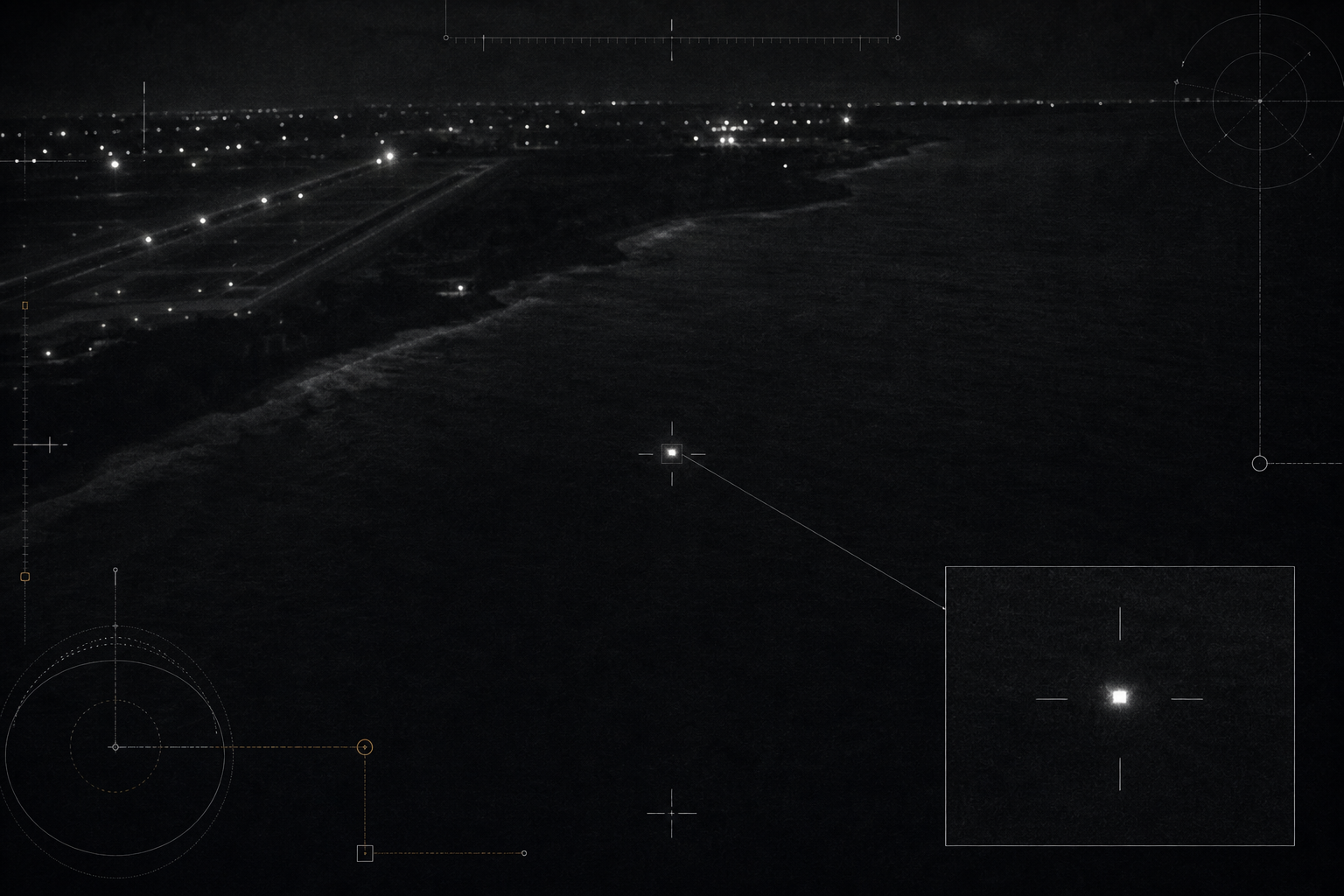 Editorial visualization of a small luminous object crossing a dark coastline and ocean boundary through a surveillance-sensor frame.