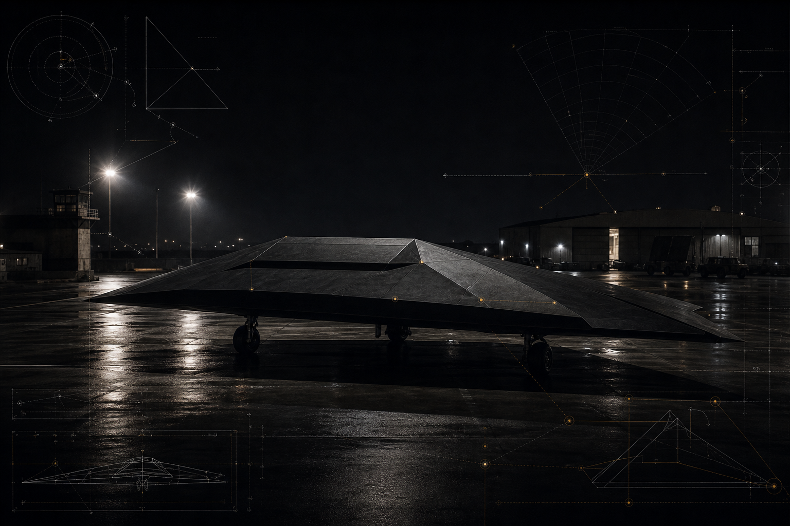 Editorial visualization of a matte black faceted triangular aerospace platform on a dark test-range apron with thin technical overlays.