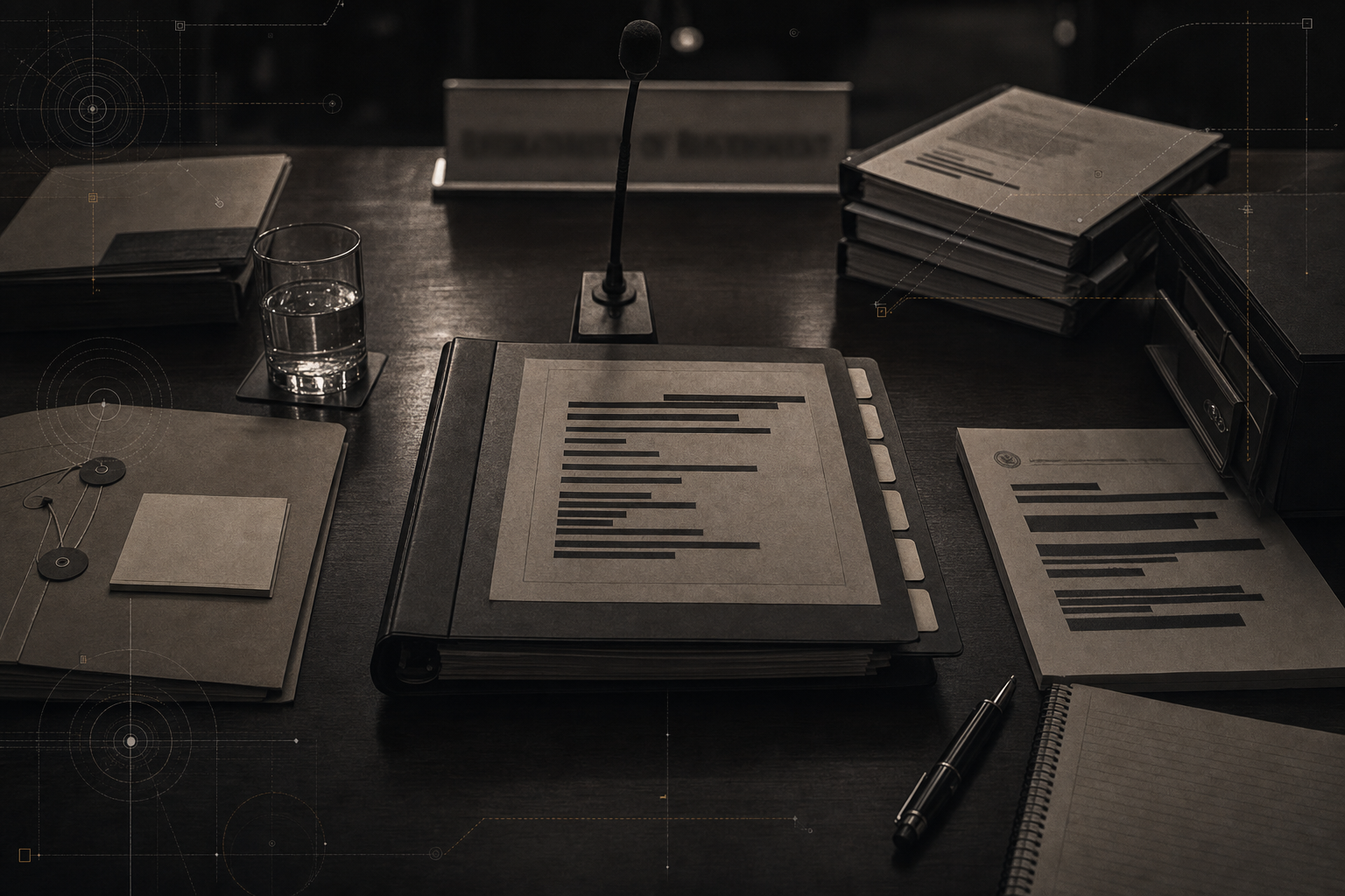 Editorial visualization of a dark congressional hearing table with a testimony binder, microphone silhouette, and redaction tabs.