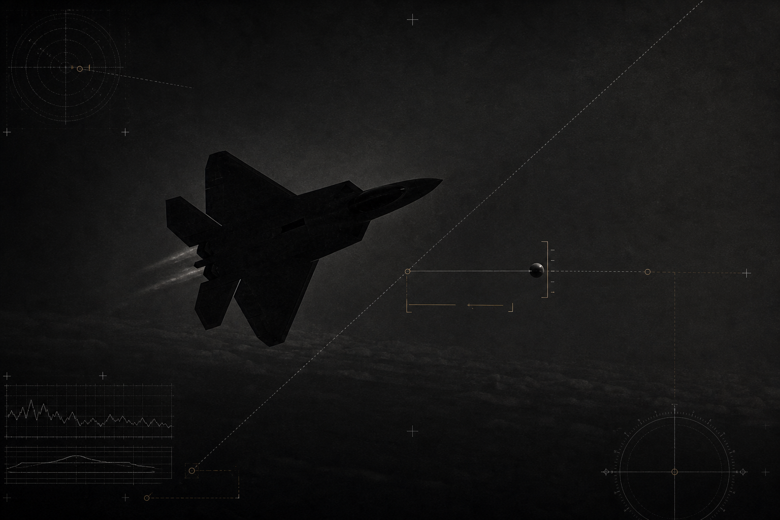 Editorial visualization of an F-22-like fighter banking in dark airspace while a small sphere holds a measured offset nearby.
