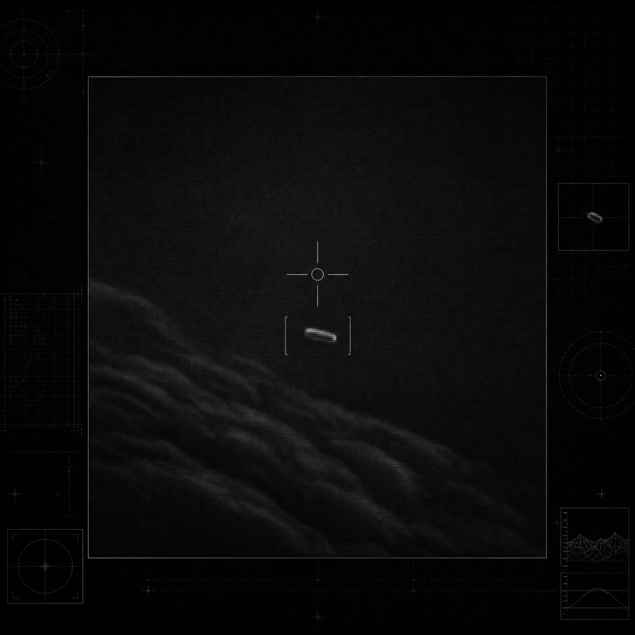 Editorial visualization of a capsule-like Tic Tac object in a monochrome ATFLIR-style sensor frame.