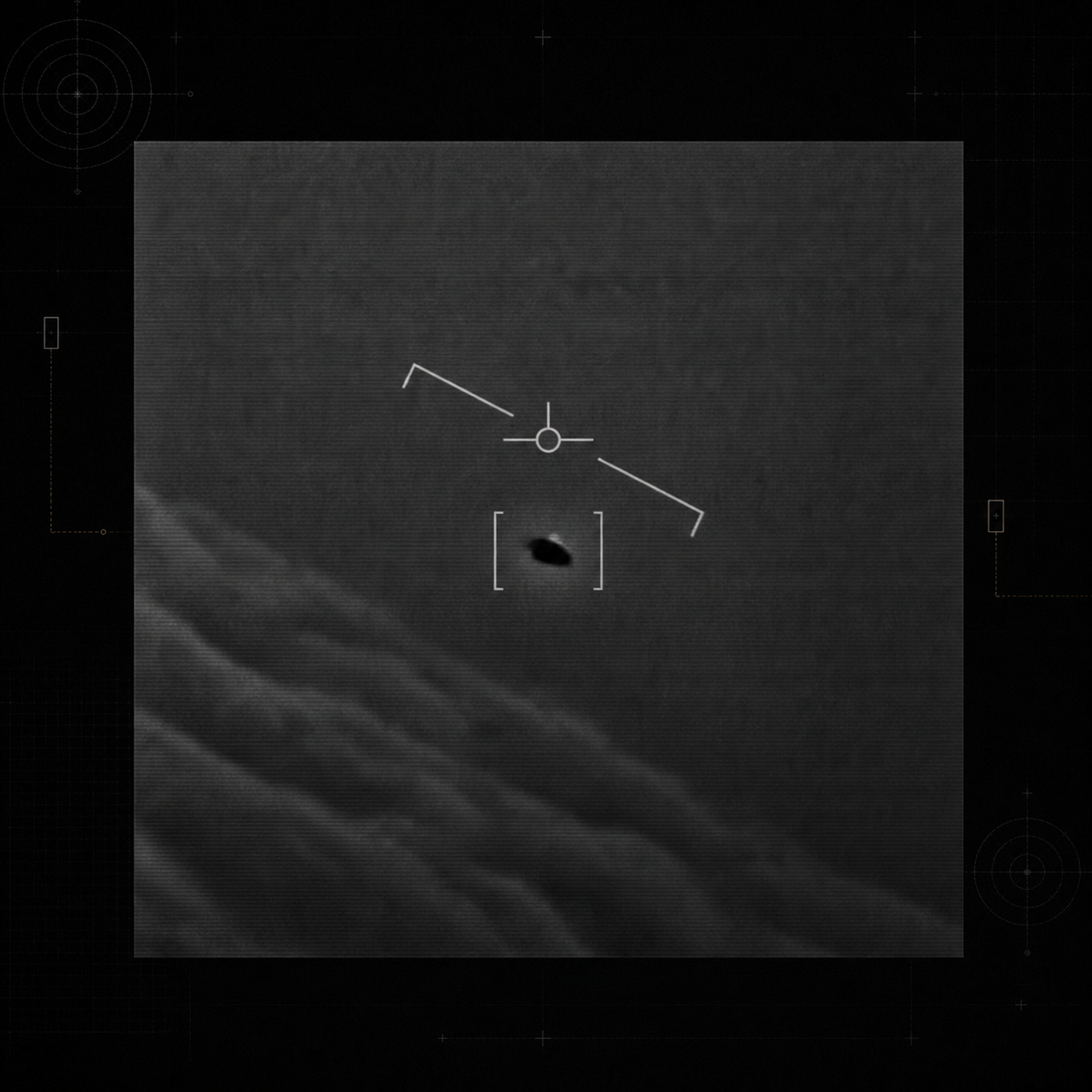 Editorial visualization of a dark oval object held in a monochrome sensor lock frame with sparse bank-angle geometry.