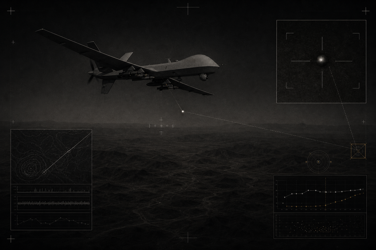 Editorial visualization of an MQ-9-like drone silhouette and a small anomalous object in a dark sensor-analysis field.