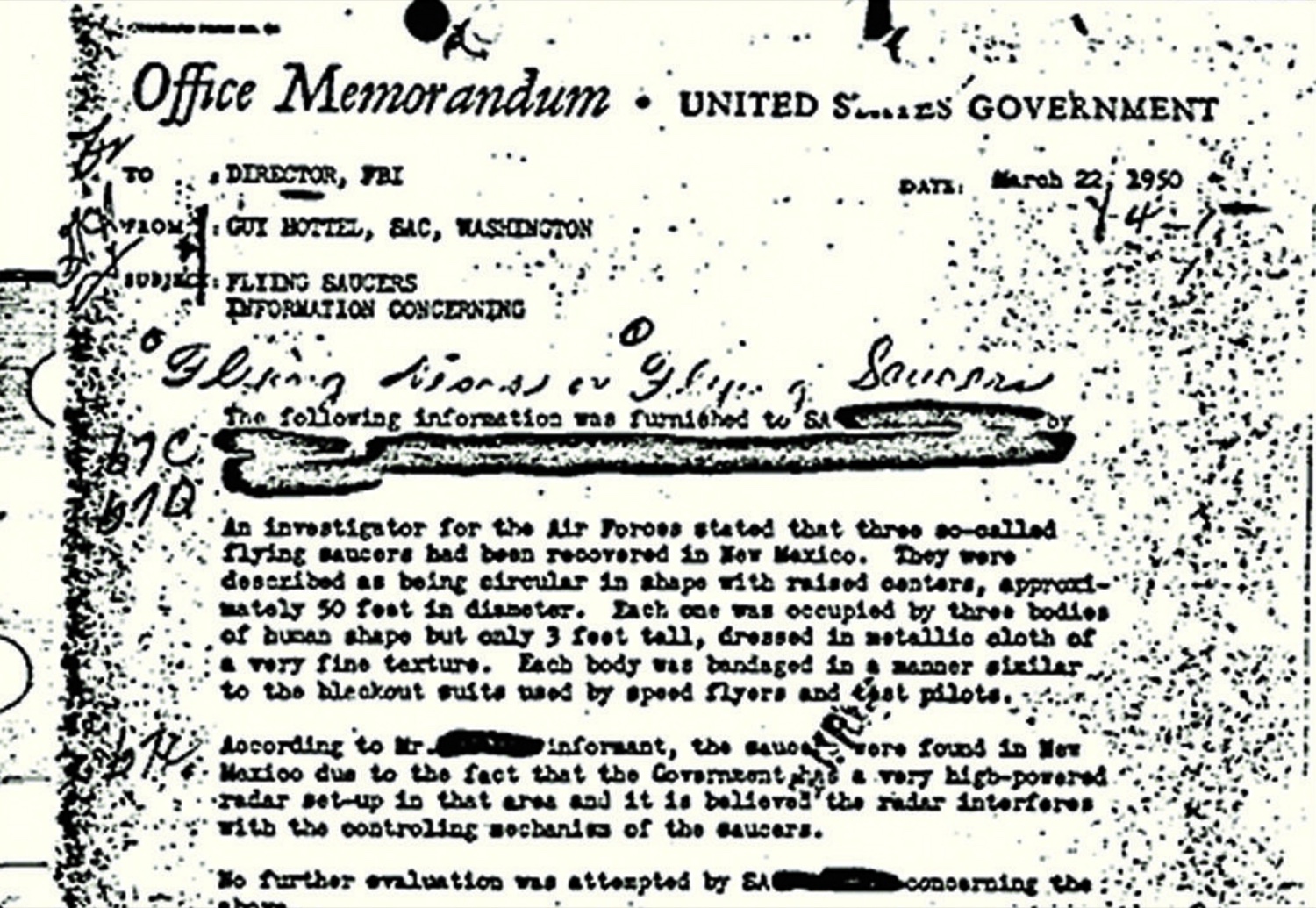 The FBI Guy Hottel memorandum dated March 22, 1950, addressed from Special Agent in Charge Washington to Director J. Edgar Hoover.