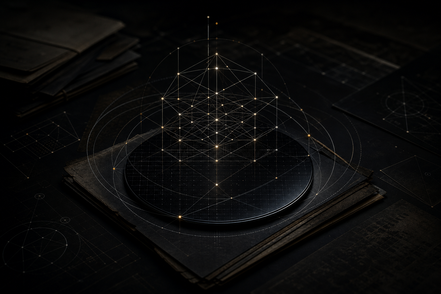AI-generated editorial visualization of an attention lattice over a black silicon wafer and stacked archive files.