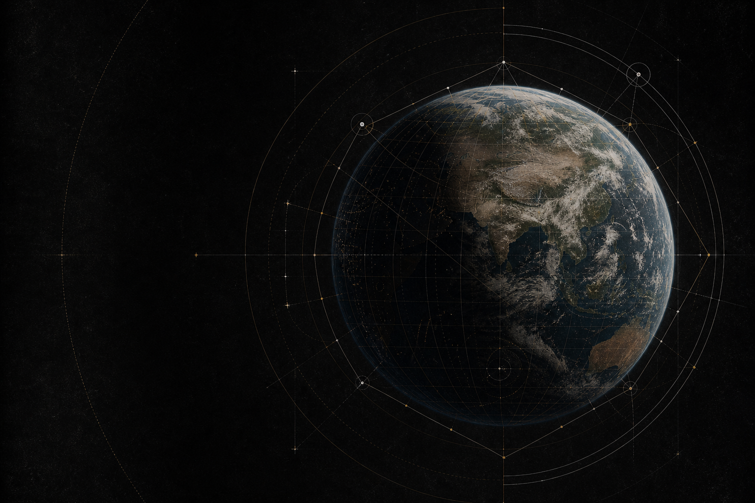 AI-generated editorial visualization of Earth partly illuminated against black space with faint orbital measurement arcs and archive texture.