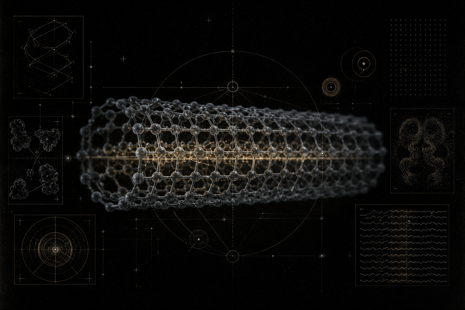 AI-generated editorial visualization of a microtubule-like helical lattice suspended over a black technical archive plate with sparse white and amber measurement lines.
