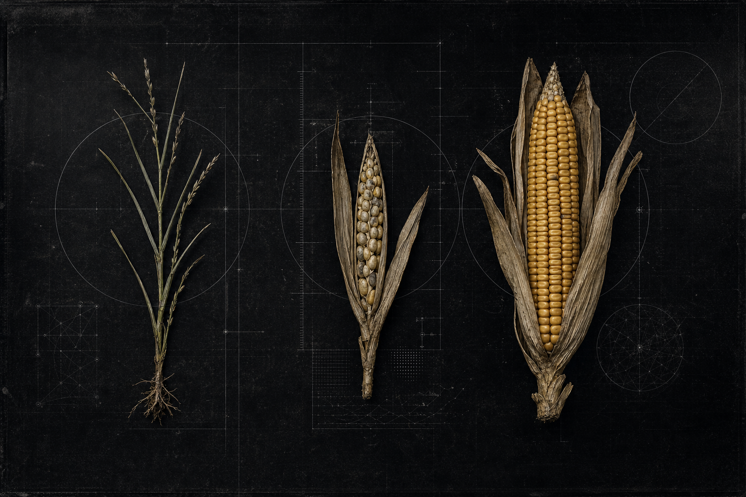 AI-generated archival specimen plate showing three botanical stages from sparse wild grass to a modern maize-like cob against a black measurement grid.