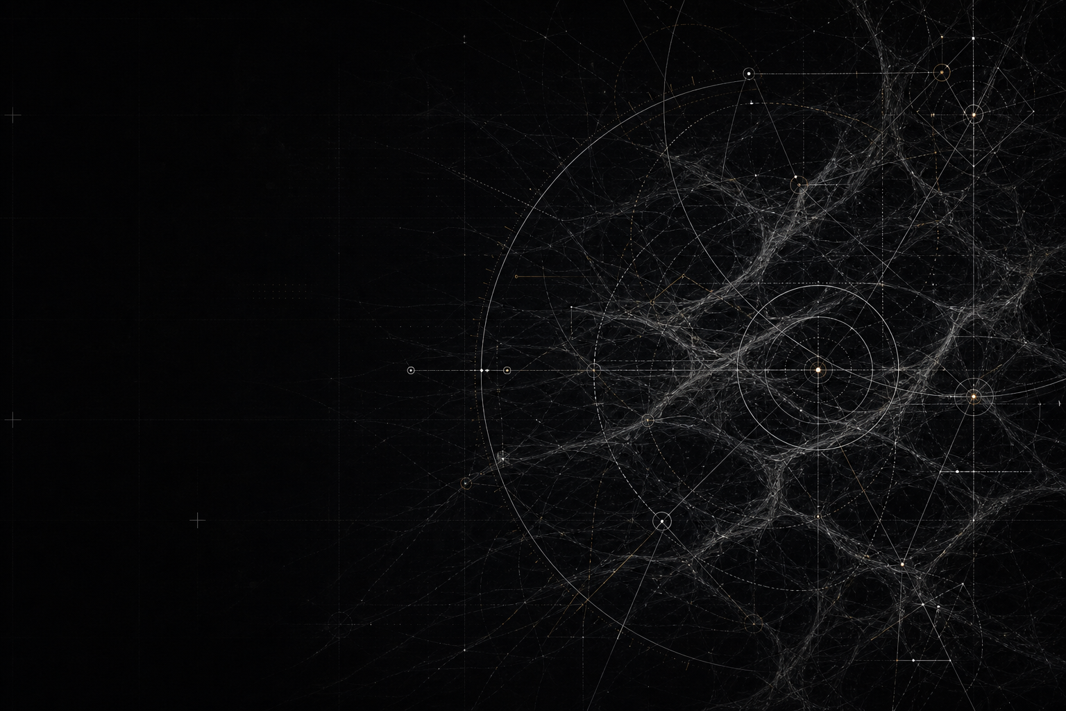 AI-generated editorial visualization of dark gravitational filaments and sparse measurement arcs fading into black negative space.