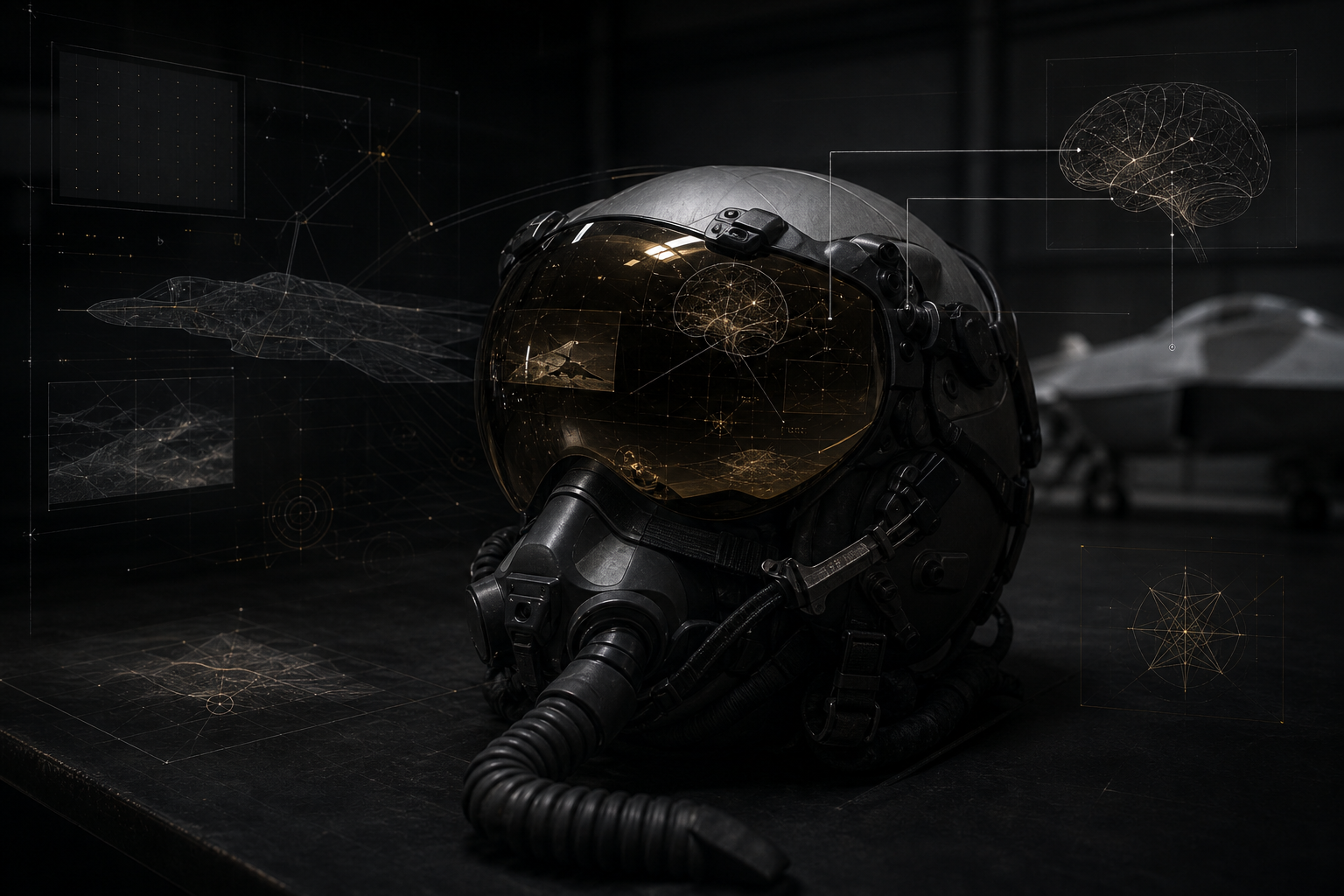 AI-generated editorial reconstruction of a modern fighter pilot helmet on a dark table with subtle neural and aircraft interface overlays.
