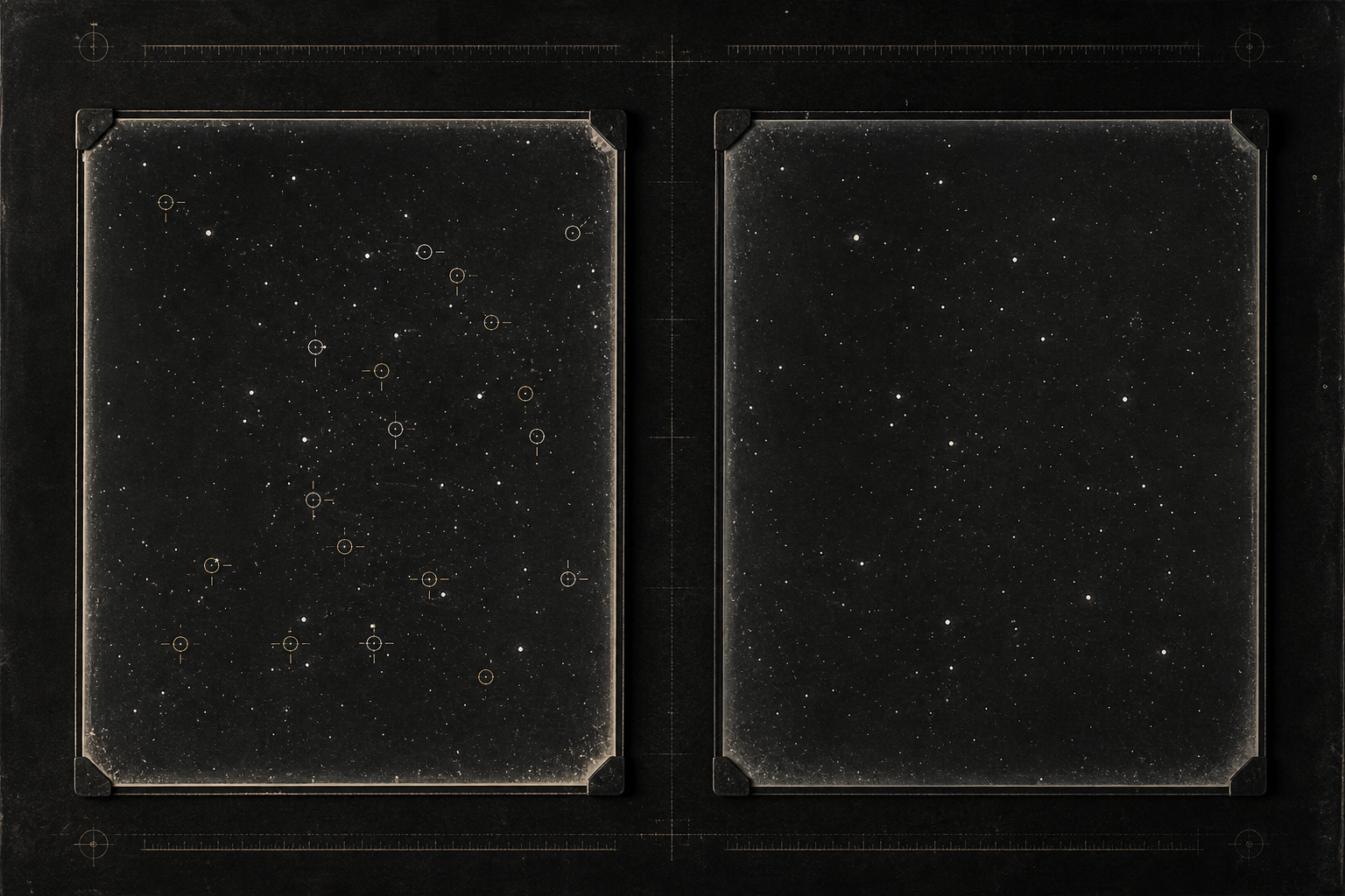 AI-generated editorial reconstruction of two archival astronomical glass plates, one marked with clustered transient points and one comparison plate without them.