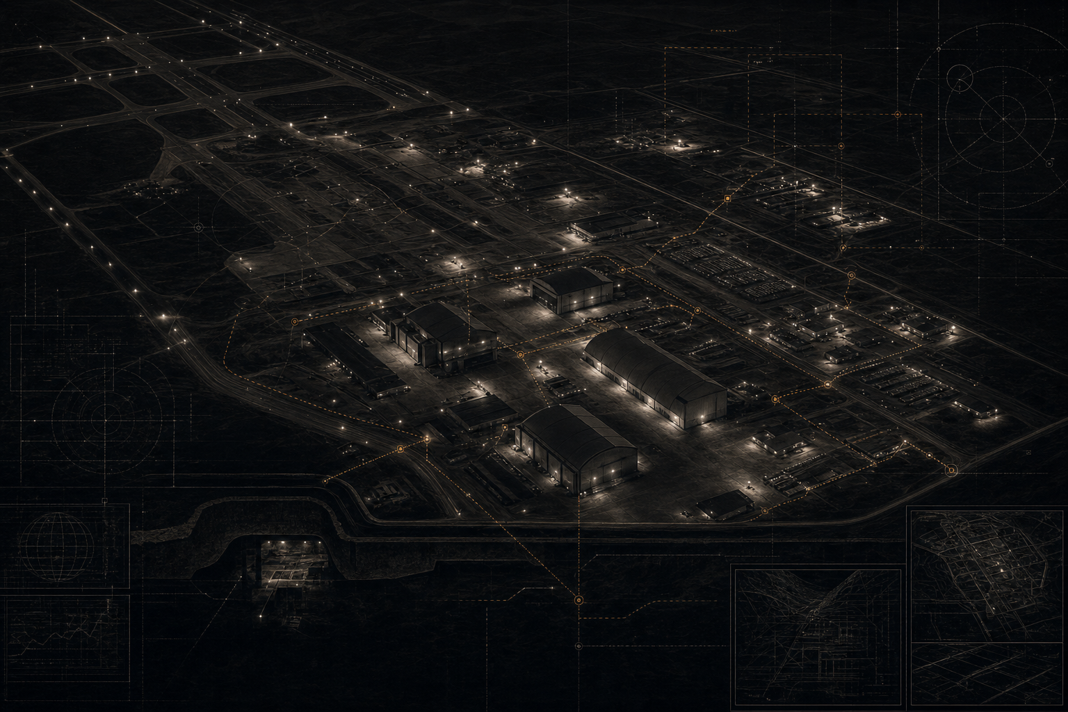 Editorial visualization of a dark restricted aerospace facility with hangars, perimeter roads, and custody-route overlays.
