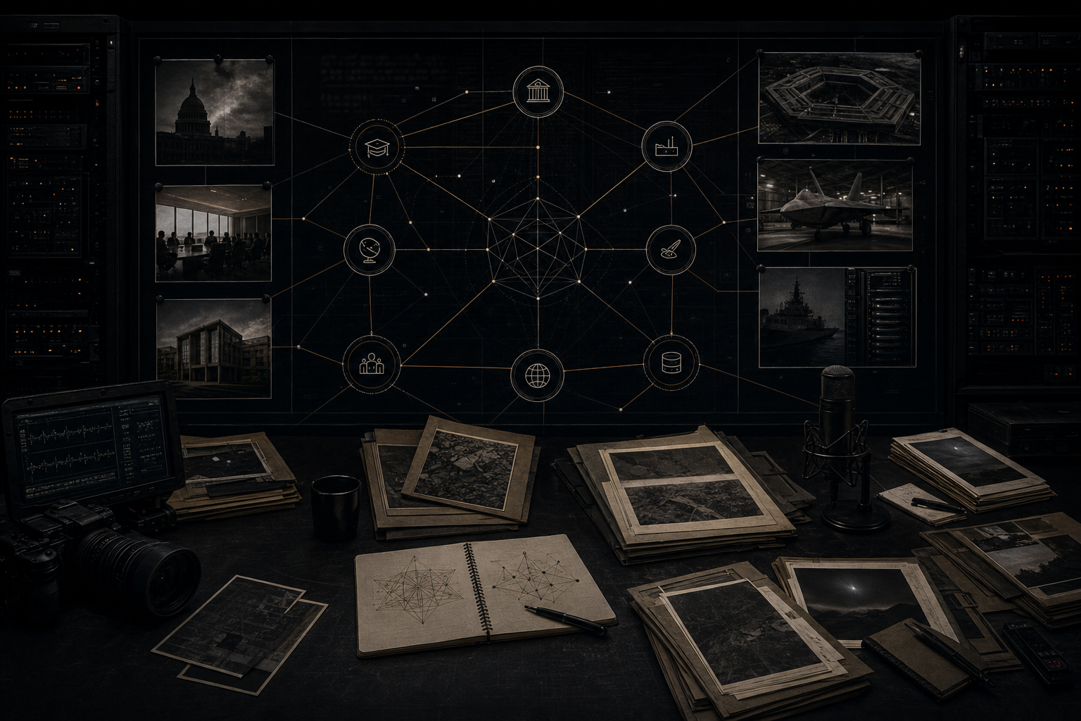 Editorial visualization of a dark intelligence briefing table showing an abstract disclosure network of capital, contractors, media channels, and research institutions.