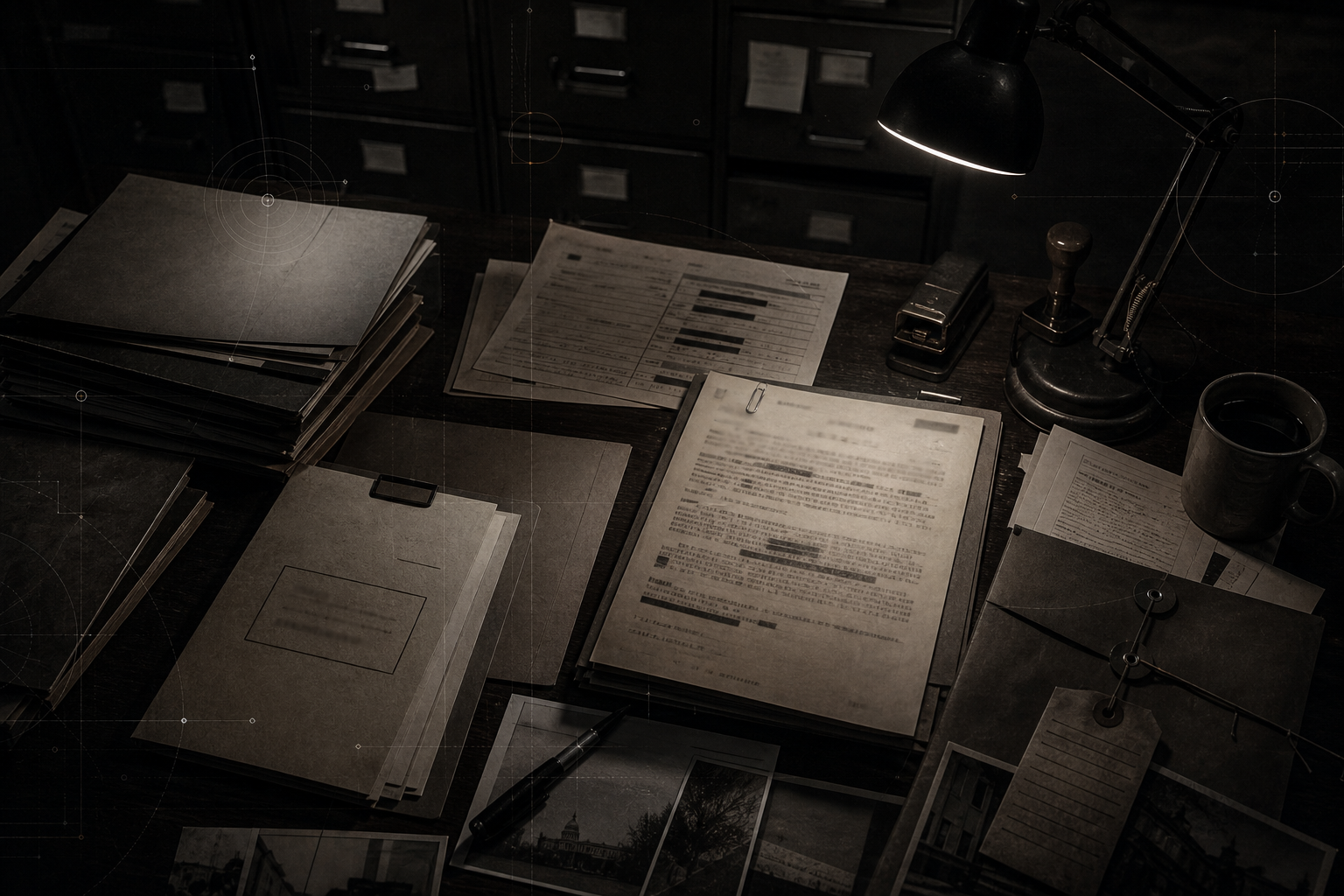 Editorial visualization of a dark federal records desk with blurred memoranda, archive folders, and redaction bars.