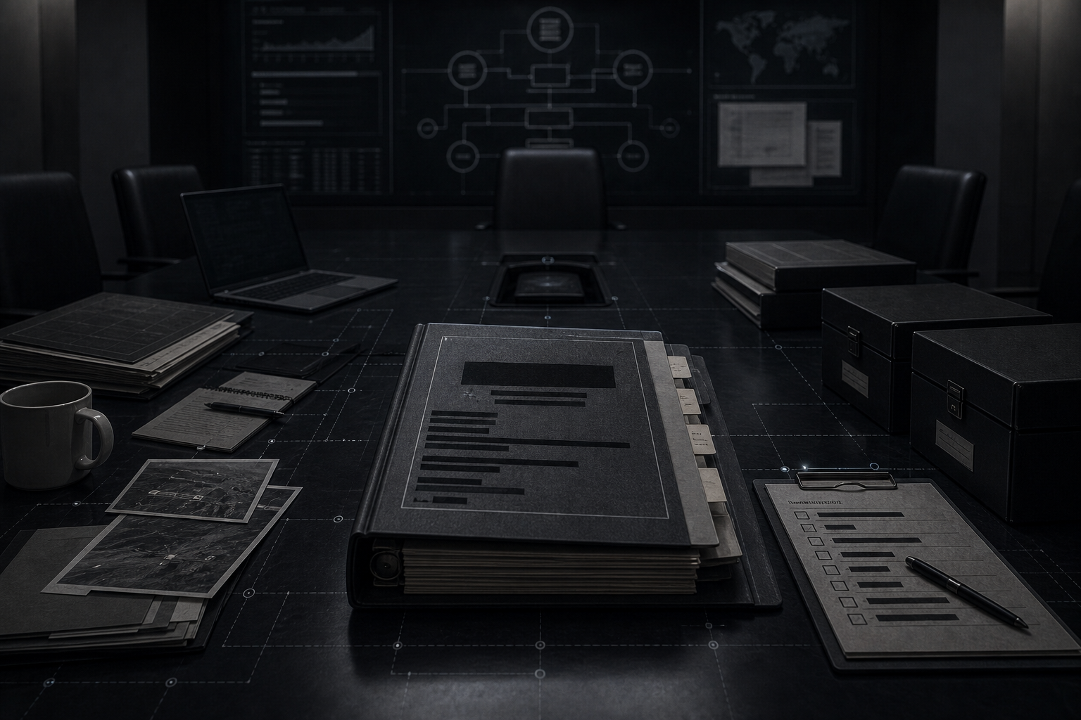 Editorial visualization of a modern official report binder on a dark briefing table with assessment workflow overlays.