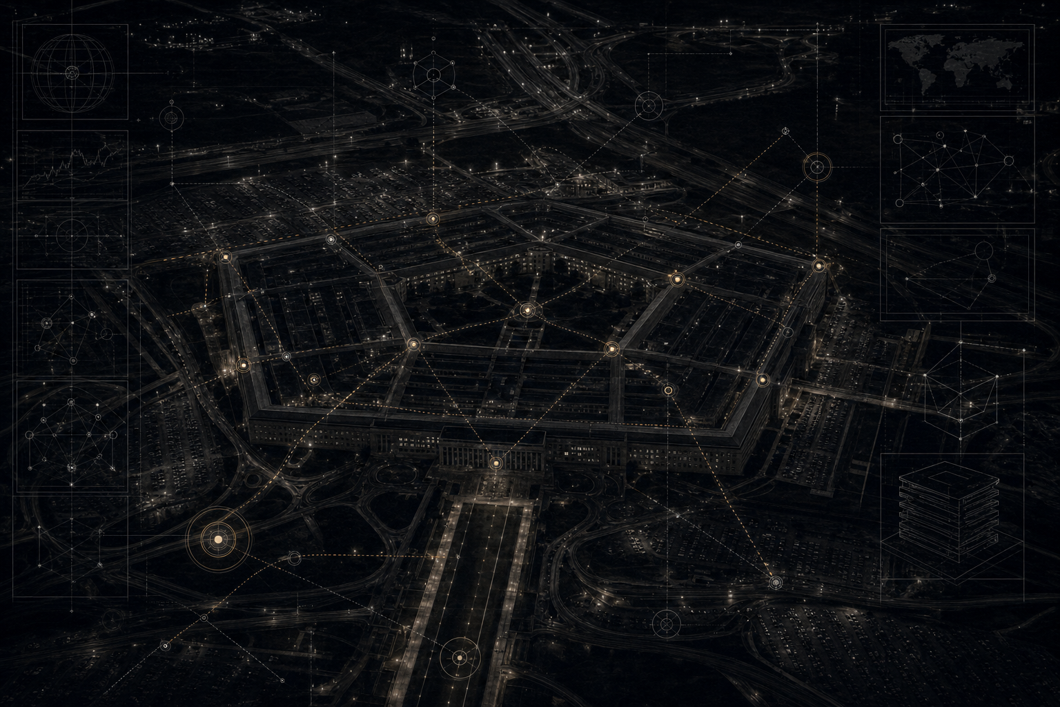 Editorial visualization of a Pentagon-like defense architecture seen from above with access, custody, records, and contractor-route overlays.