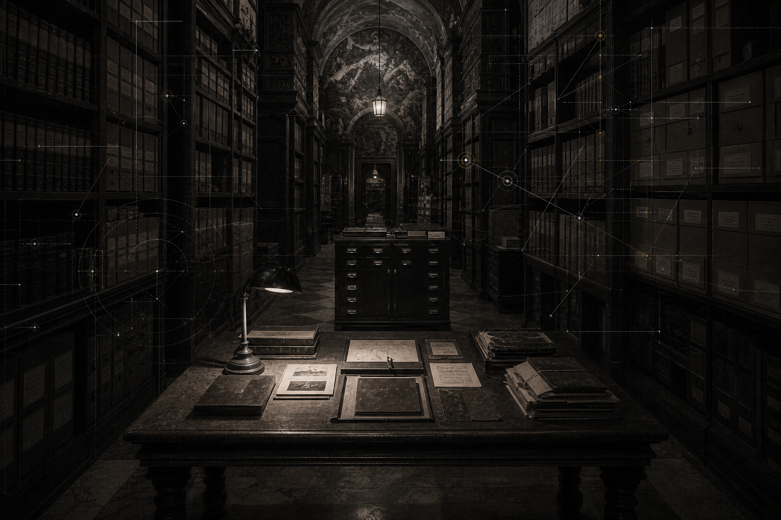 Editorial visualization of a dark Vatican-style archive room with tall shelves, bound volumes, and faint technical cataloging overlays.