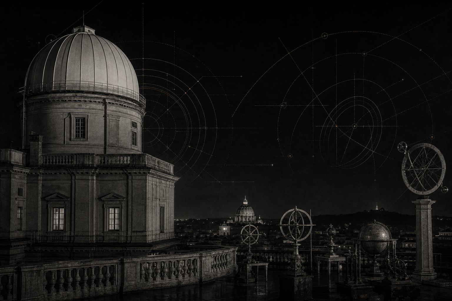 Editorial visualization of a Vatican-style observatory dome at night with faint orbital measurement arcs.