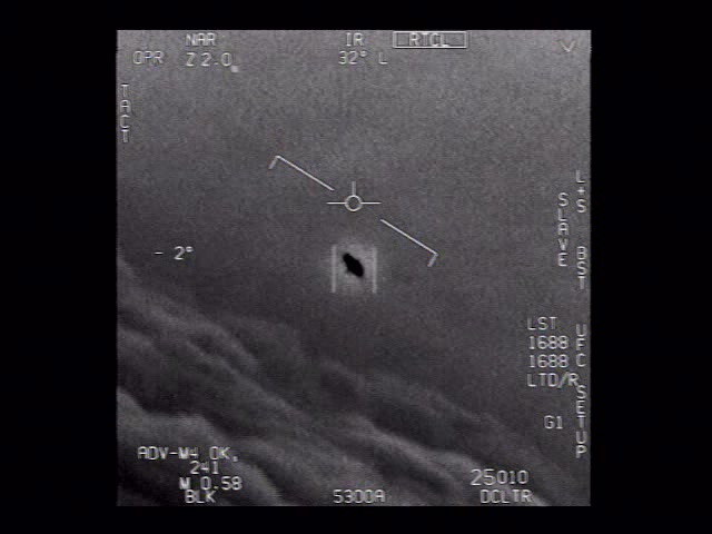 GIMBAL video still showing an unidentified aerial object with ATFLIR HUD overlay displaying lock, range, and bank angle data