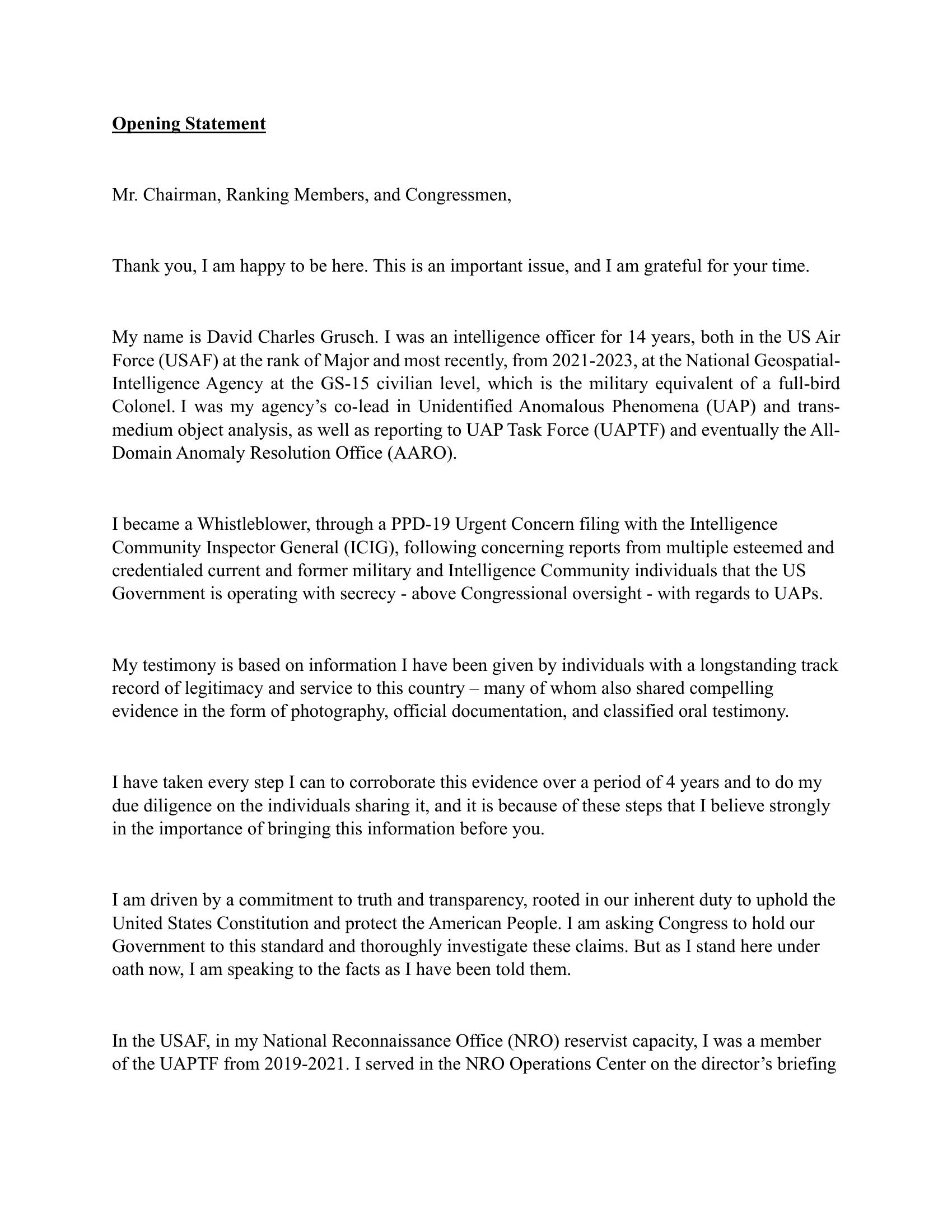 Page 1 of David Grusch's written opening statement to the House Oversight subcommittee, dated July 26 2023, on House Oversight Committee letterhead