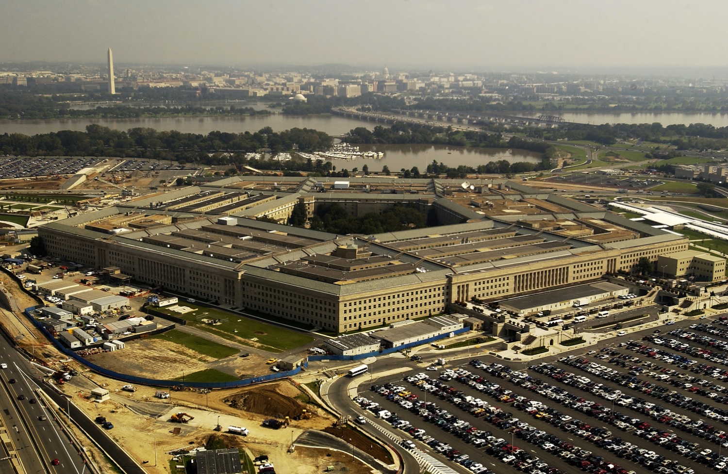 High-altitude aerial photograph of the Pentagon from above the south parking lot.