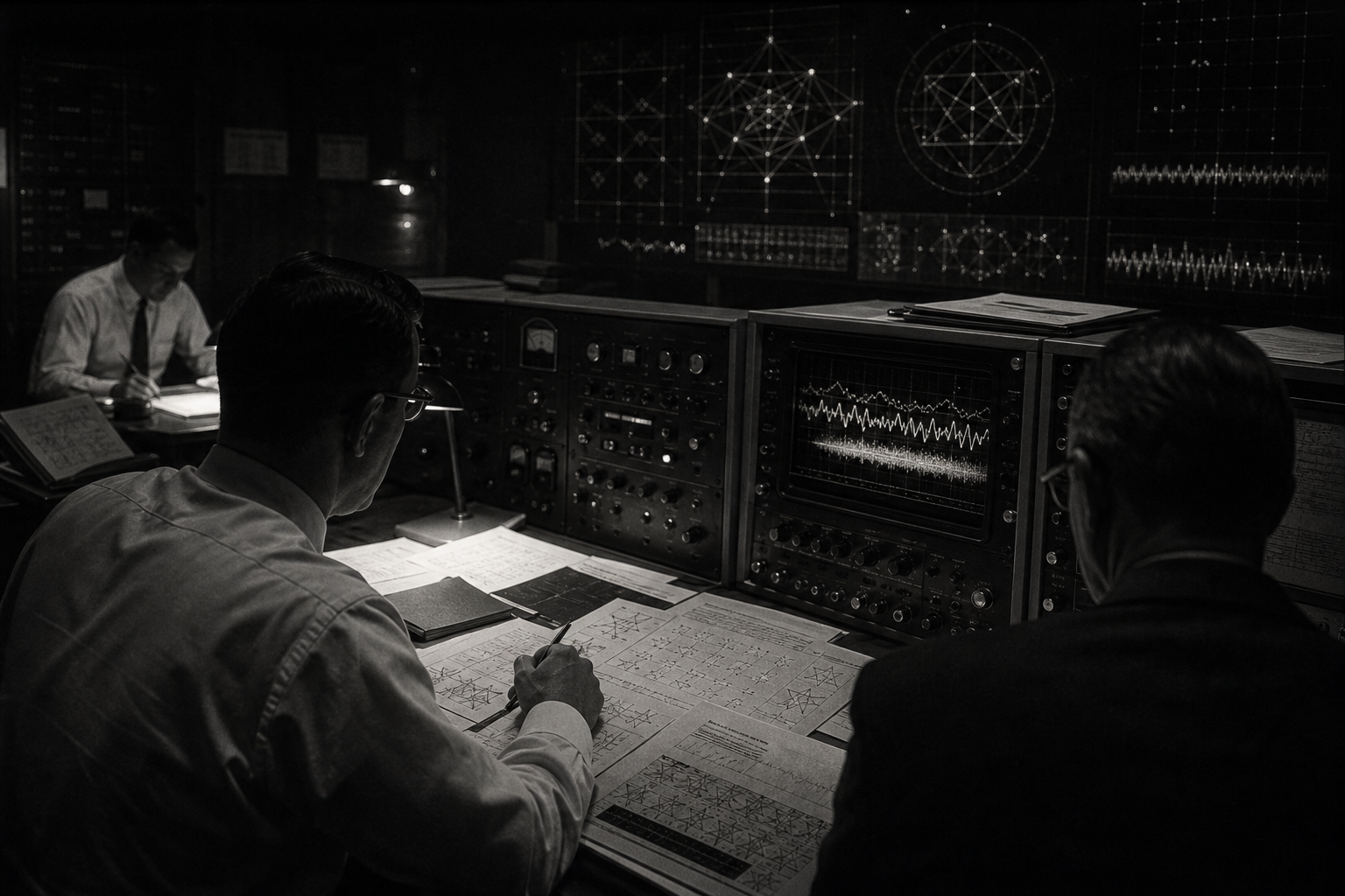 Editorial visualization of a dark Cold War operations room with analysts studying intercepted waveforms and geometric signal diagrams.