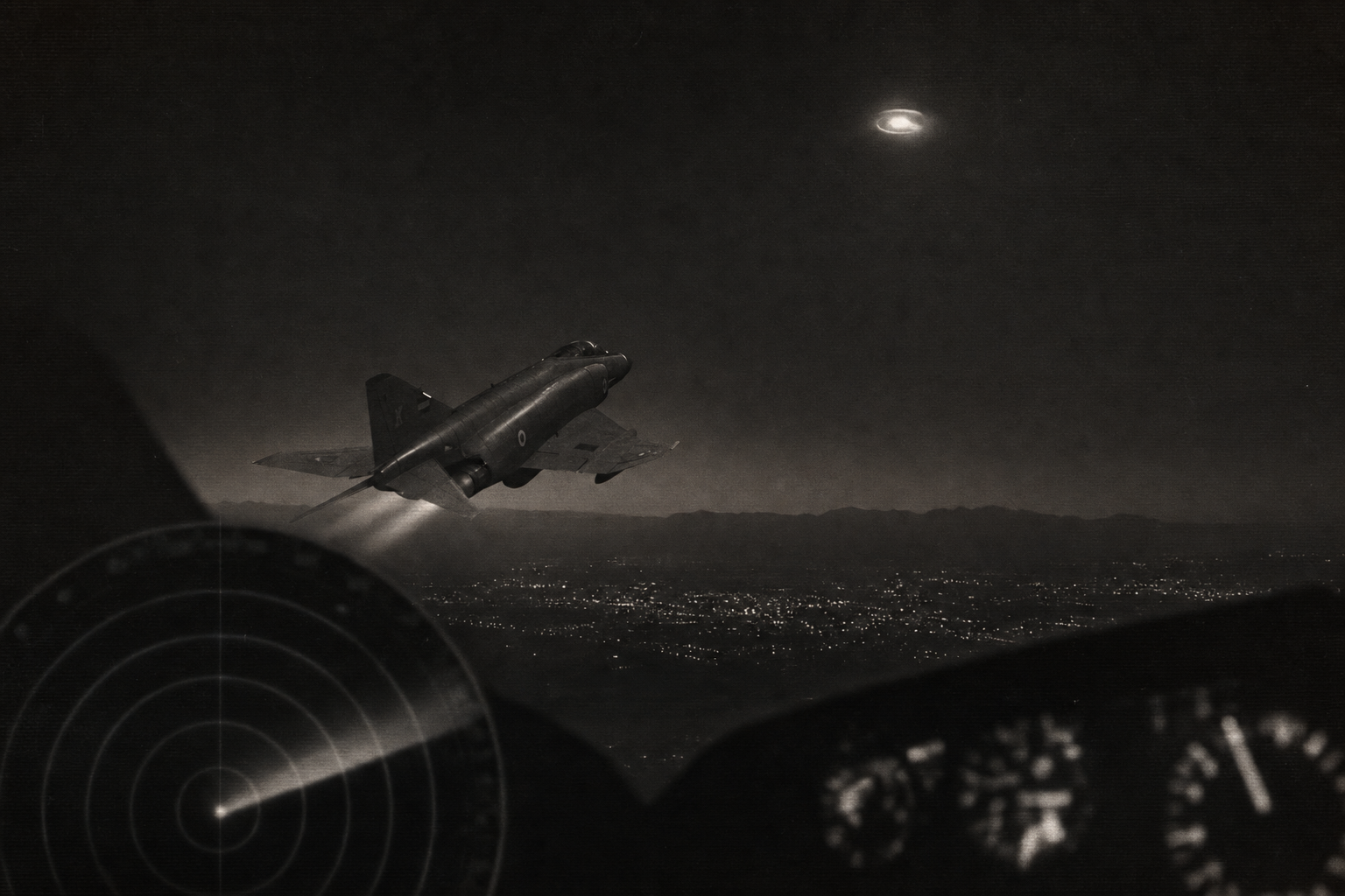 Editorial visualization of an Iranian F-4 Phantom climbing over Tehran toward a luminous unidentified object in a dark pre-dawn sky.