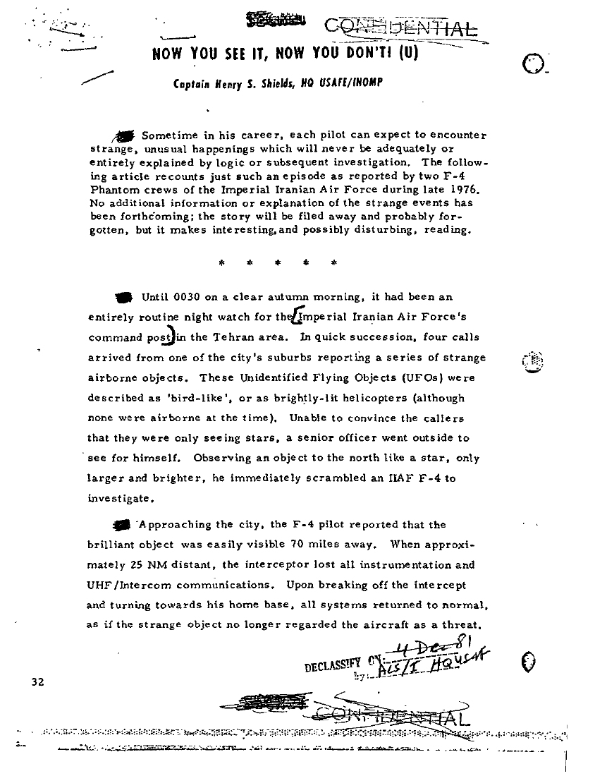 USAF MIJI Quarterly memo page 1 summarizing the 1976 Tehran Incident.