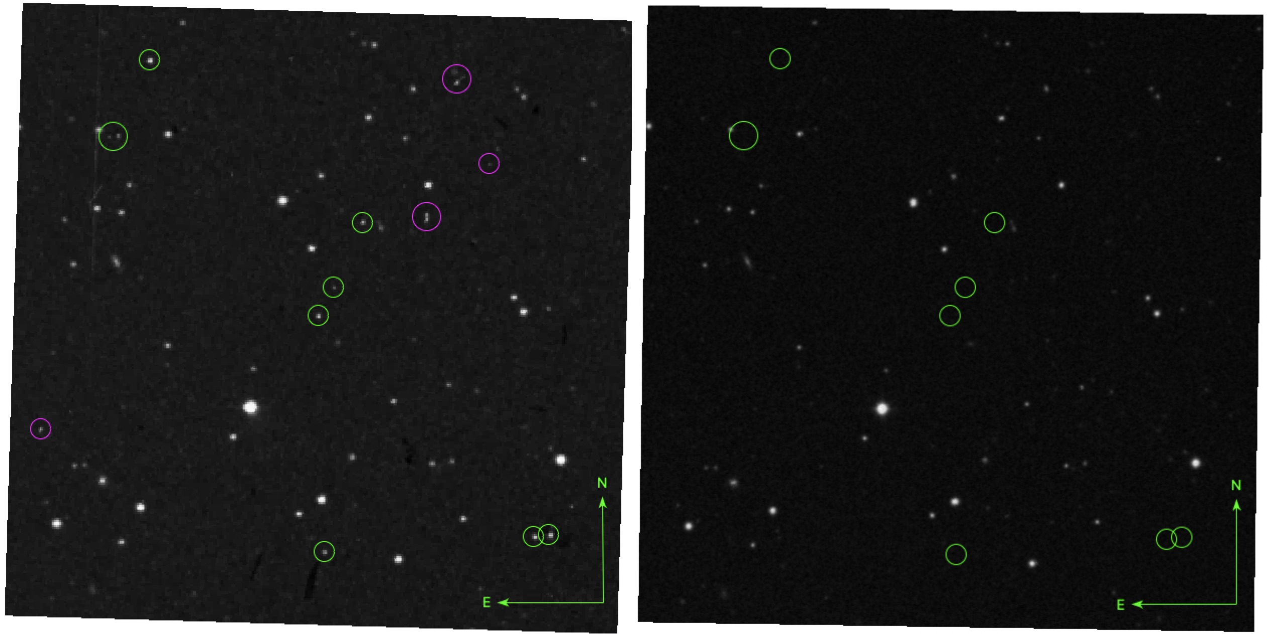 Side-by-side comparison of POSS-1 (April 12, 1950) and POSS-2 (1996) Palomar plates showing nine circled transient objects present in the 1950 image and absent in 1996